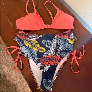 Cupshe Coral and Navy Tropical Leaf Bikini Set